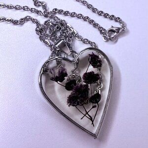 Purple Flower Heart Necklace Silver